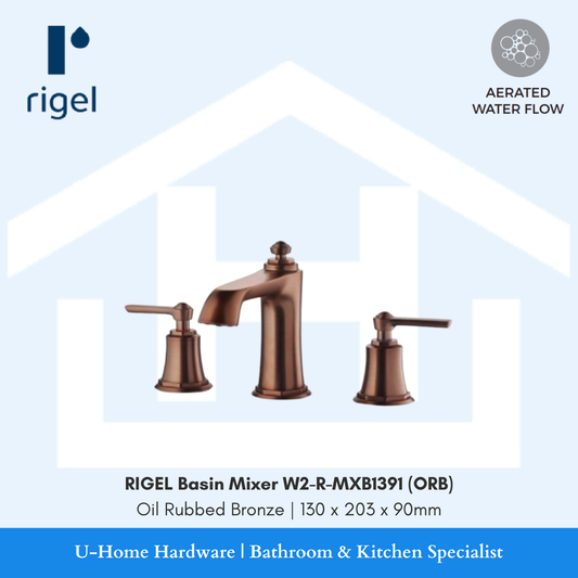 Side angle view of the RIGEL W2-R-MXB1391 basin mixer, highlighting the elegant spout reach and the rich, multi-toned Oil Rubbed Bronze finish.