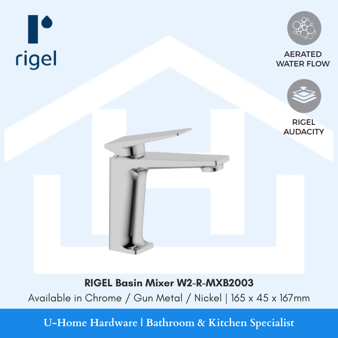 Side angle view of the RIGEL W2-R-MXB2003 basin mixer in Nickel, highlighting the slim vertical column and the premium brushed metallic finish.