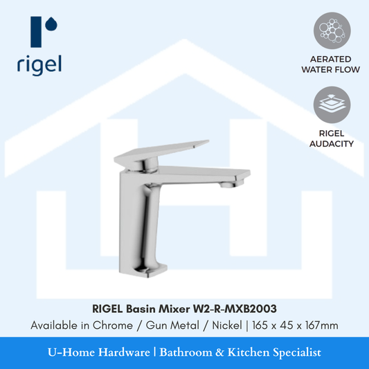 Side angle view of the RIGEL W2-R-MXB2003 basin mixer in Nickel, highlighting the slim vertical column and the premium brushed metallic finish.