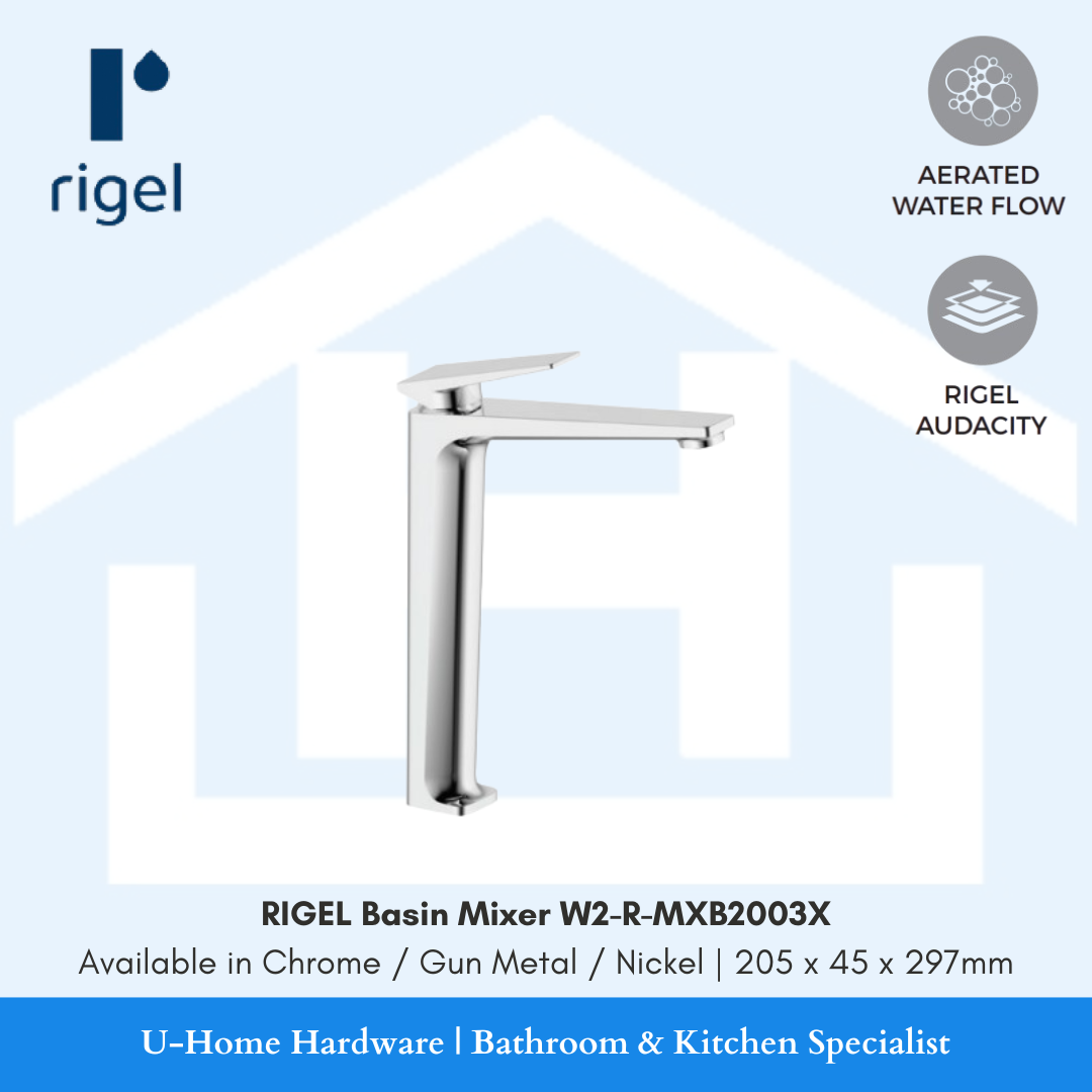 Side angle view of the RIGEL W2-R-MXB2003X tall mixer in Nickel, highlighting the slim vertical profile and the premium brushed metallic texture.