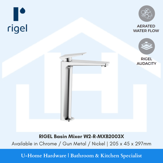 Side angle view of the RIGEL W2-R-MXB2003X tall mixer in Nickel, highlighting the slim vertical profile and the premium brushed metallic texture.