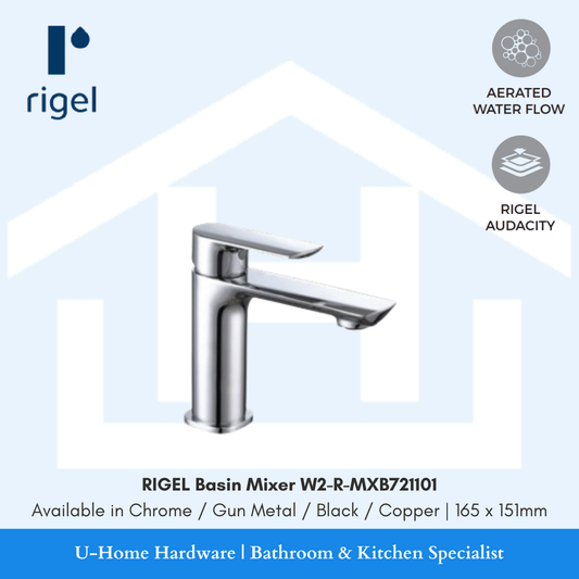 Side angle view of the RIGEL W2-R-MXB721101 basin mixer in Chrome, highlighting the slim architectural profile and professional-grade finish.