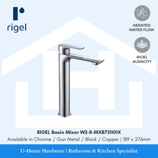 Side angle view of the RIGEL W2-R-MXB721101X basin mixer, highlighting the slim profile and the high-quality reflective Chrome plating.