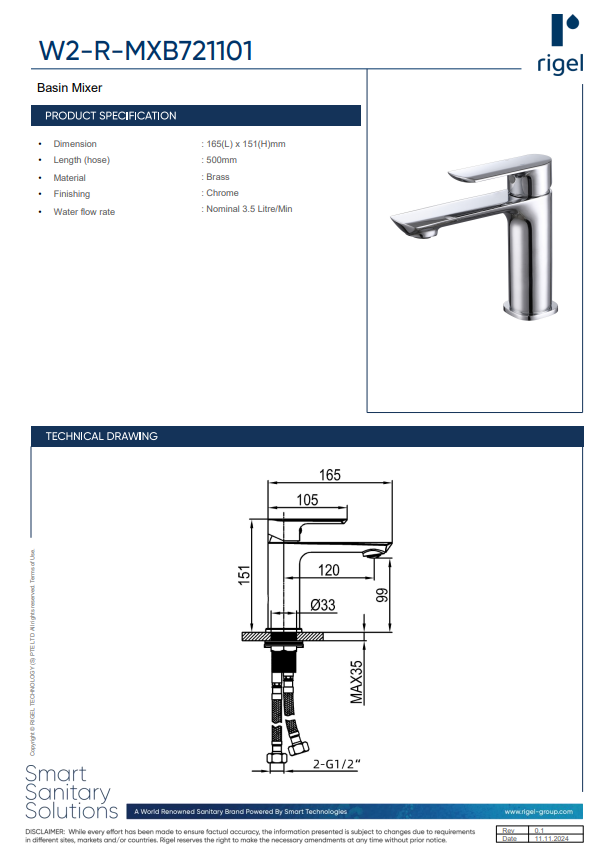RIGEL Basin Mixer W2-R-MXB721101 product features, product specifications and technical drawings