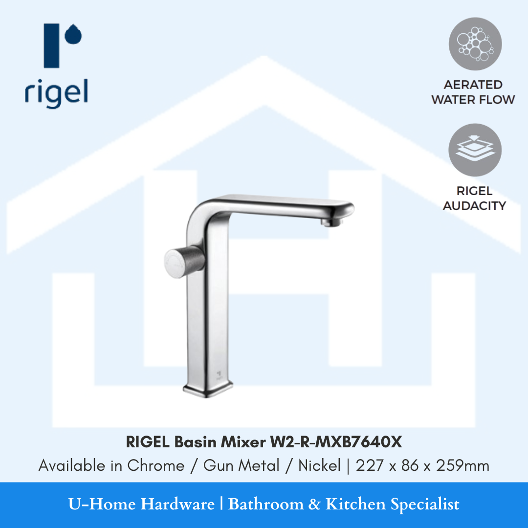 Side angle view of the RIGEL W2-R-MXB7640X extended basin mixer, highlighting the 227.5mm reach and the professional-grade reflective Chrome finish.
