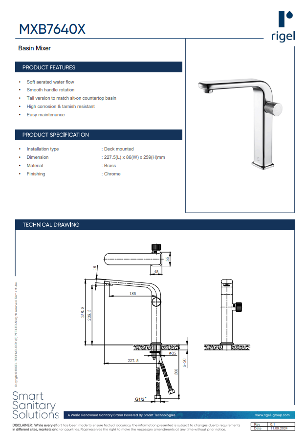 RIGEL Basin Mixer W2-R-MXB7640X product features, product specifications and technical drawings.