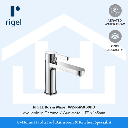 Side angle view of the RIGEL W2-R-MXB8110 basin mixer in Chrome, highlighting the slim vertical profile and the professional-grade reflective surface.