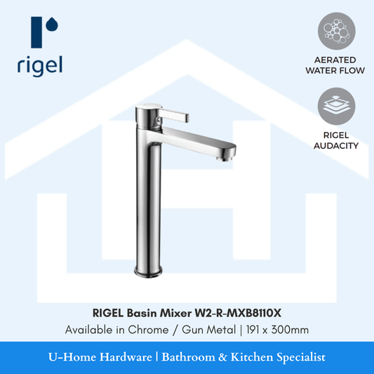 Side angle view of the RIGEL W2-R-MXB8110X tall mixer, highlighting the slim vertical column and the high-quality metallic plating.