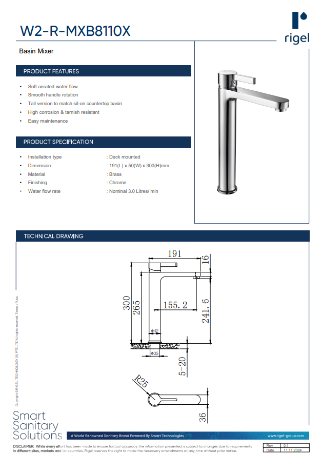RIGEL Basin Mixer W2-R-MXB8110X product features, product specifications and technical drawings.
