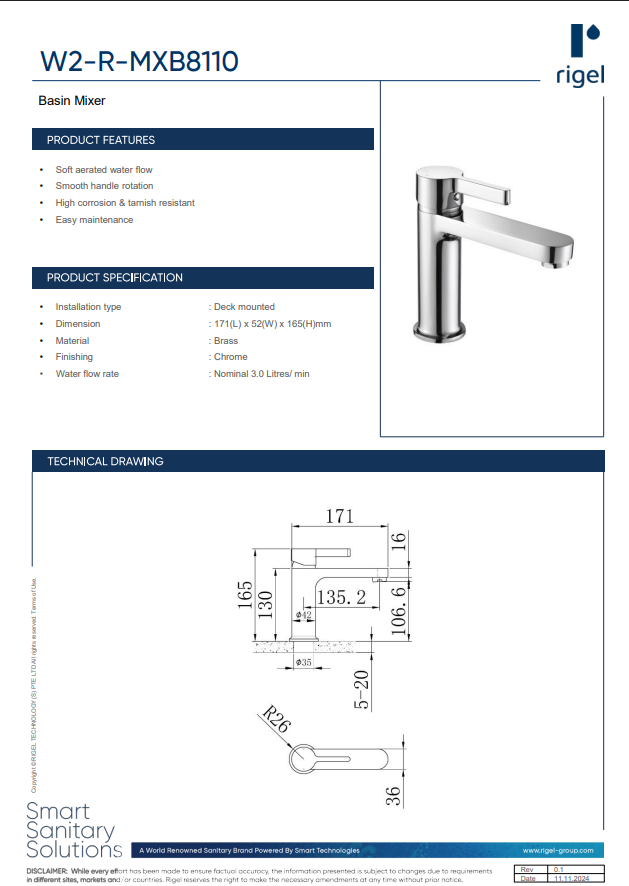 RIGEL Basin Mixer W2-R-MXB8110 product features, product specifications and technical drawings.