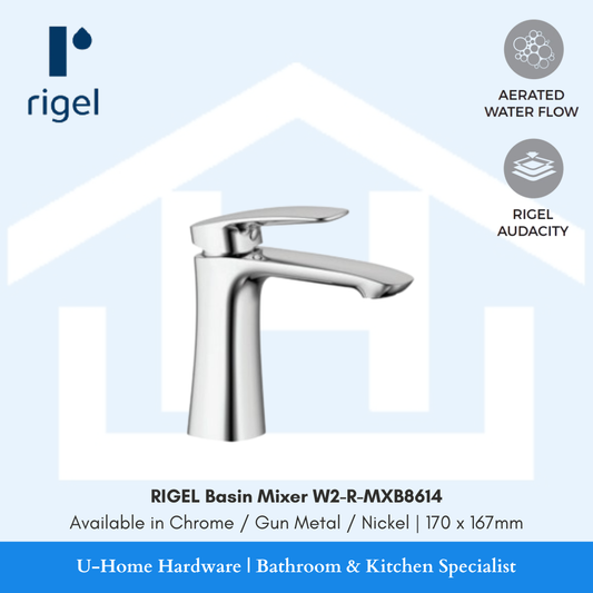 Side angle view of the RIGEL W2-R-MXB8614 extended basin mixer, highlighting the slim vertical profile and the premium reflective metallic surface.