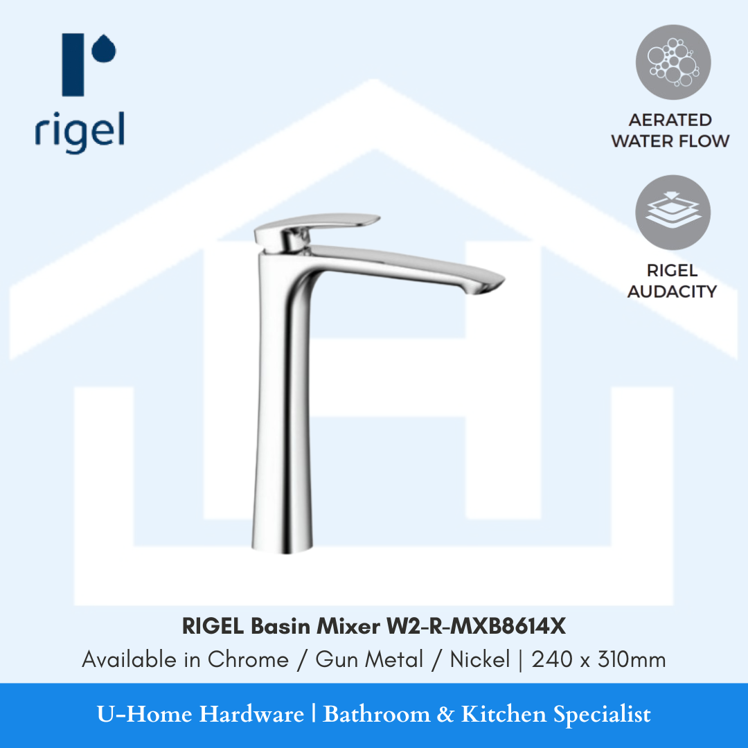 Side angle view of the RIGEL W2-R-MXB8614X tall mixer in Chrome, highlighting the slim vertical column and the premium chrome finish.