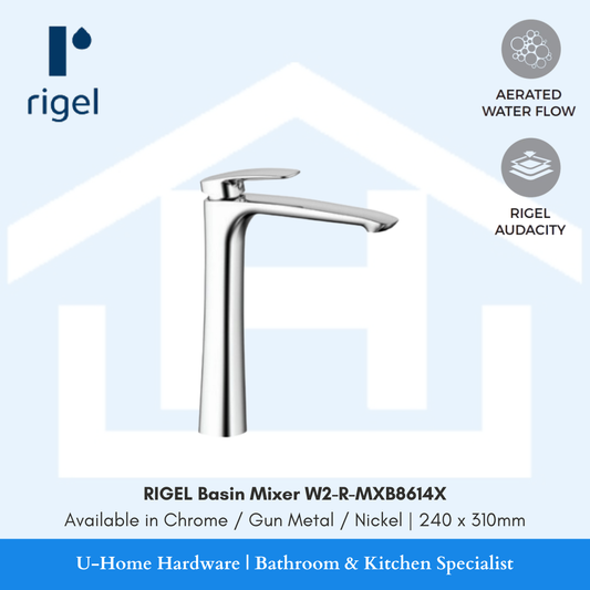 Side angle view of the RIGEL W2-R-MXB8614X tall mixer in Chrome, highlighting the slim vertical column and the premium chrome finish.