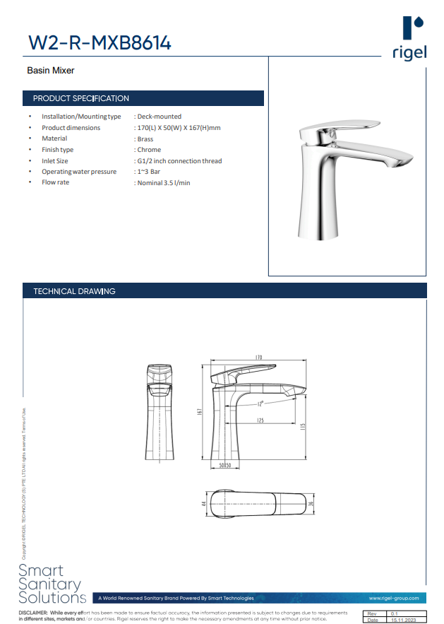 RIGEL Basin Mixer W2-R-MXB8614 product features, product specifications and technical drawings.