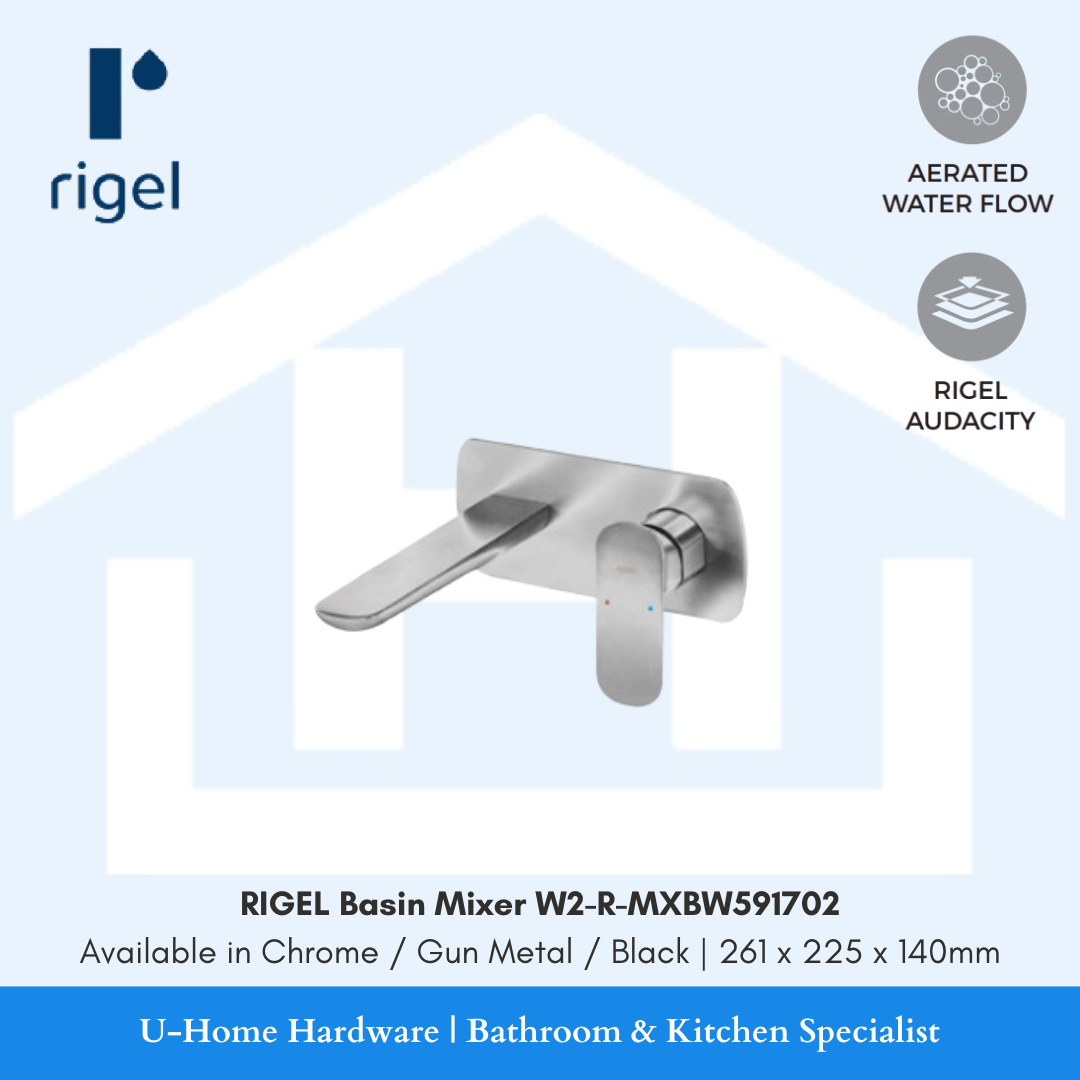 Side angle view of the RIGEL W2-R-MXBW591702 wall-mounted mixer in Gun Metal, highlighting the 261mm reach and smooth, professional-grade.