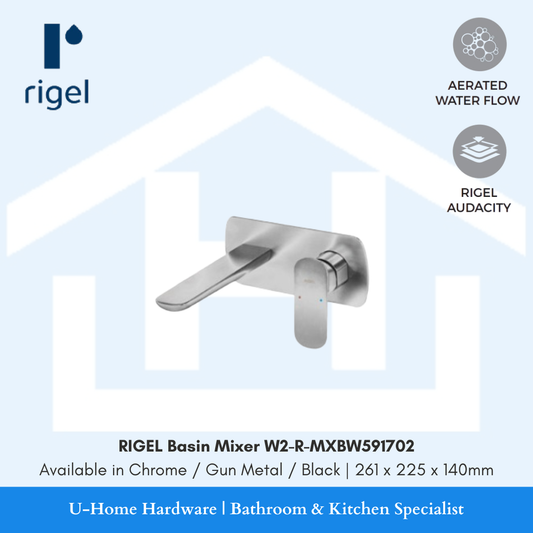 Side angle view of the RIGEL W2-R-MXBW591702 wall-mounted mixer in Gun Metal, highlighting the 261mm reach and smooth, professional-grade.