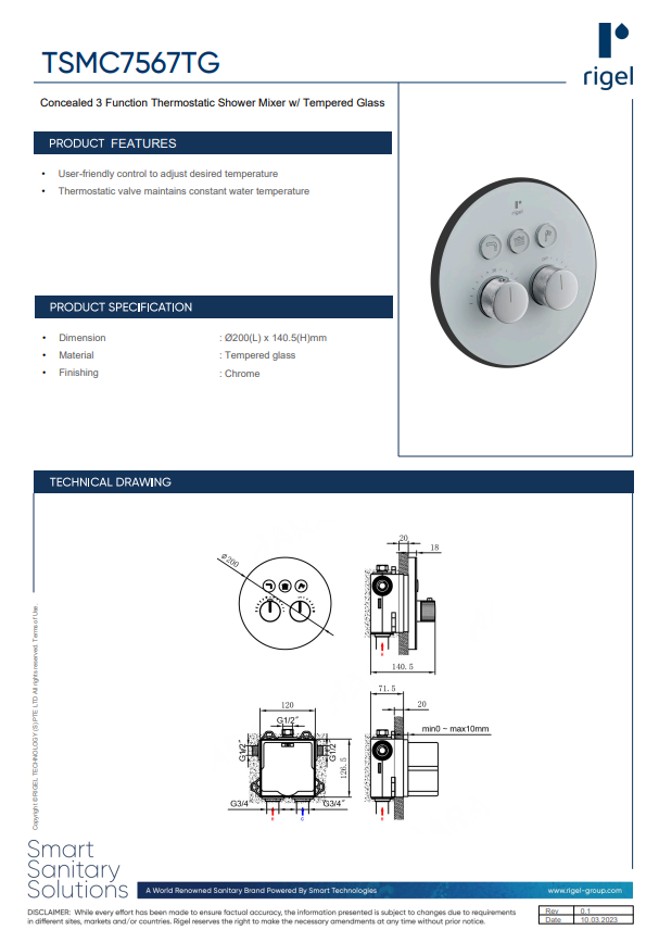 RIGEL Concealed Type Rain Shower Set TSMC7567TG product specifications, product features and technical drawings.