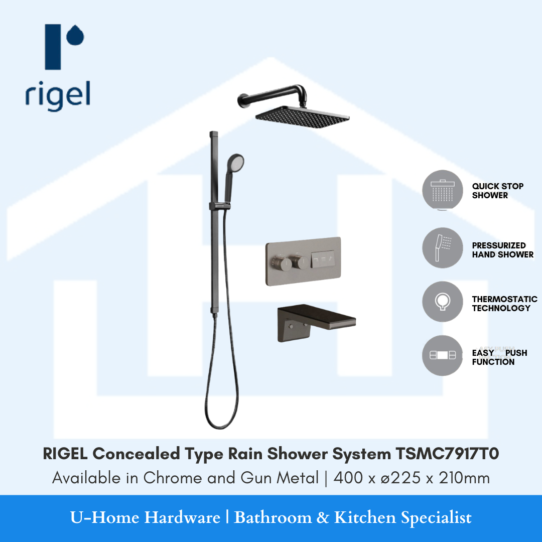 Side angle view of the RIGEL TSMC7917T0 rain shower head, demonstrating the wide ø225mm coverage and the high-quality Gun Metal finish for a brilliant shine.