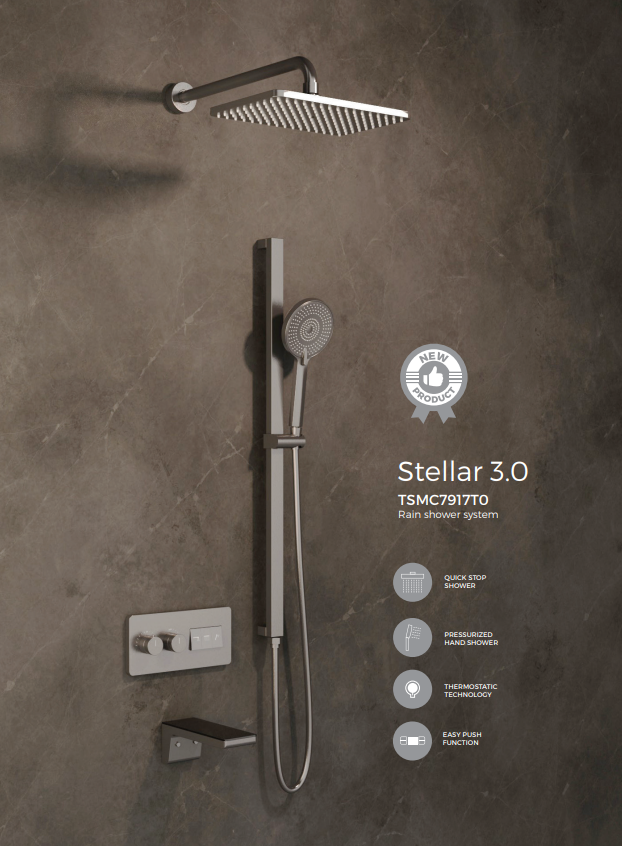 Side angle view of the RIGEL TSMC7917T0 concealed mixer and overhead arm, highlighting the slim architectural profile and the sophisticated matte Gun Metal texture.
