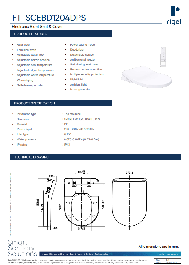 RIGEL Electronic Bidet Seat Cover FT-SCEBD1204DPS product features, product specifications and technical drawings.