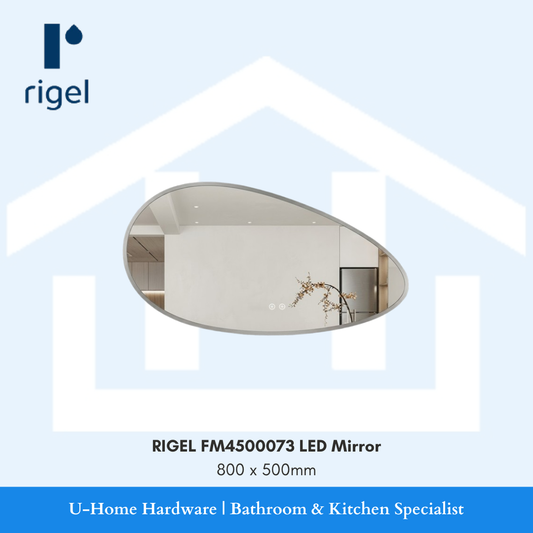 Front installation view of the 800mm width by 500mm height RIGEL FM4500073 illuminated smart mirror showing the seamless integrated sensor touch icon.