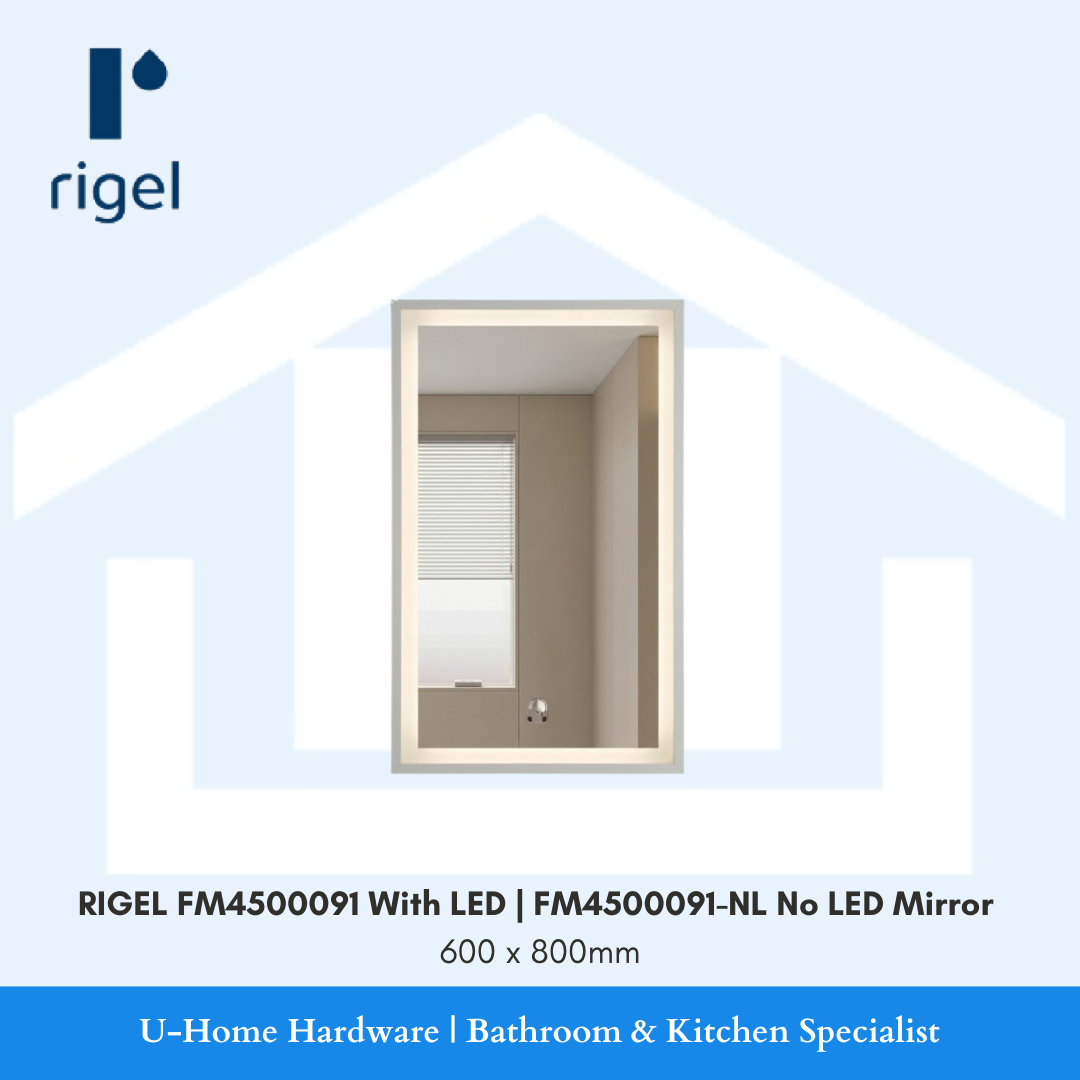 Front vertical view of 600x800mm RIGEL FM4500091 illuminated smart vanity mirror showing the integrated circular touch-sensor icon.
