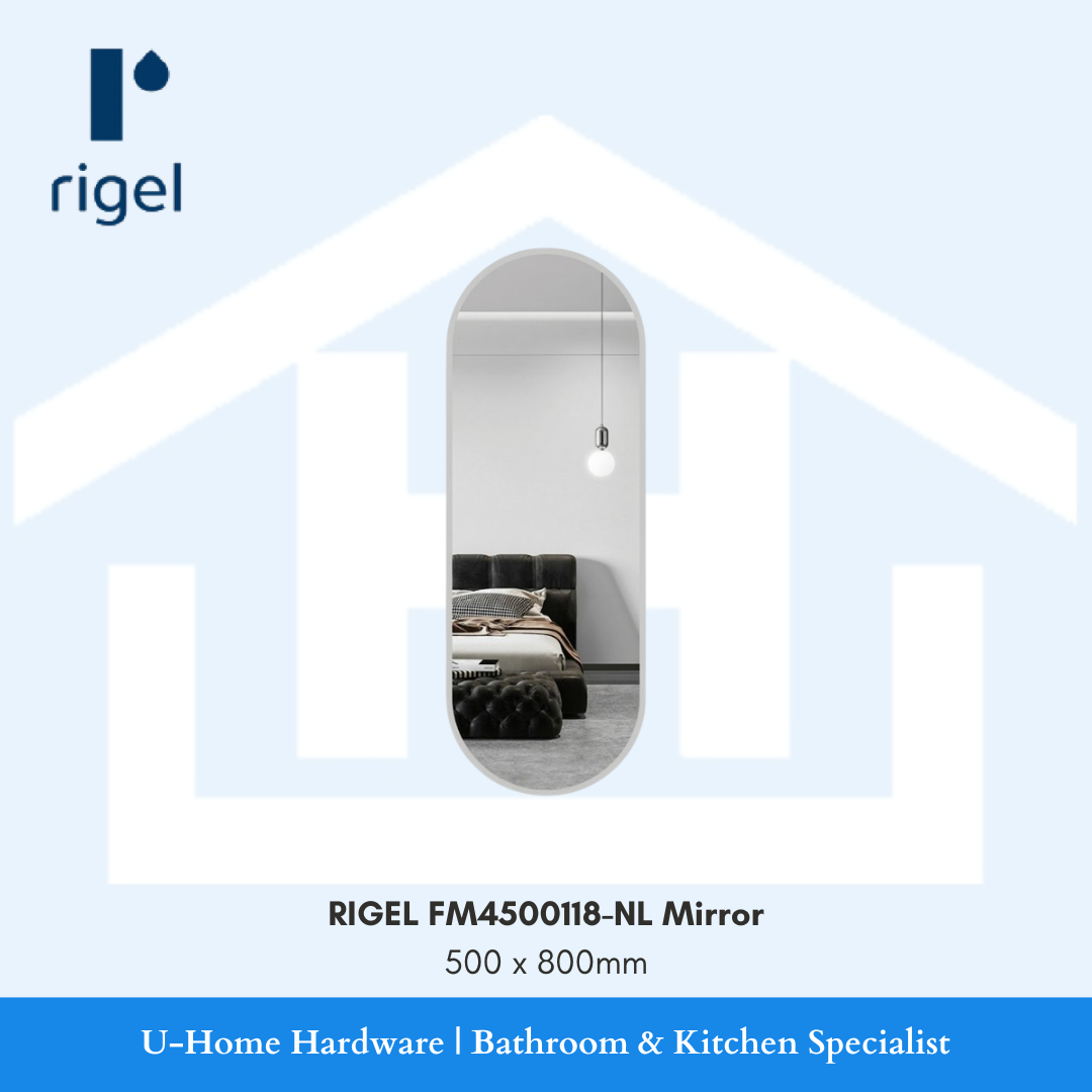 RIGEL FM4500118-NL frameless rectangular wall mirror for bathroom vanity setups.
Front installation view of the non-LED RIGEL FM4500118-NL rectangular glass mirror, measuring 500mm width by 800mm height with polished flush-mount edges.