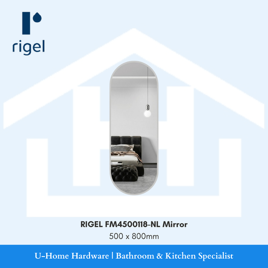 RIGEL FM4500118-NL frameless rectangular wall mirror for bathroom vanity setups.
Front installation view of the non-LED RIGEL FM4500118-NL rectangular glass mirror, measuring 500mm width by 800mm height with polished flush-mount edges.