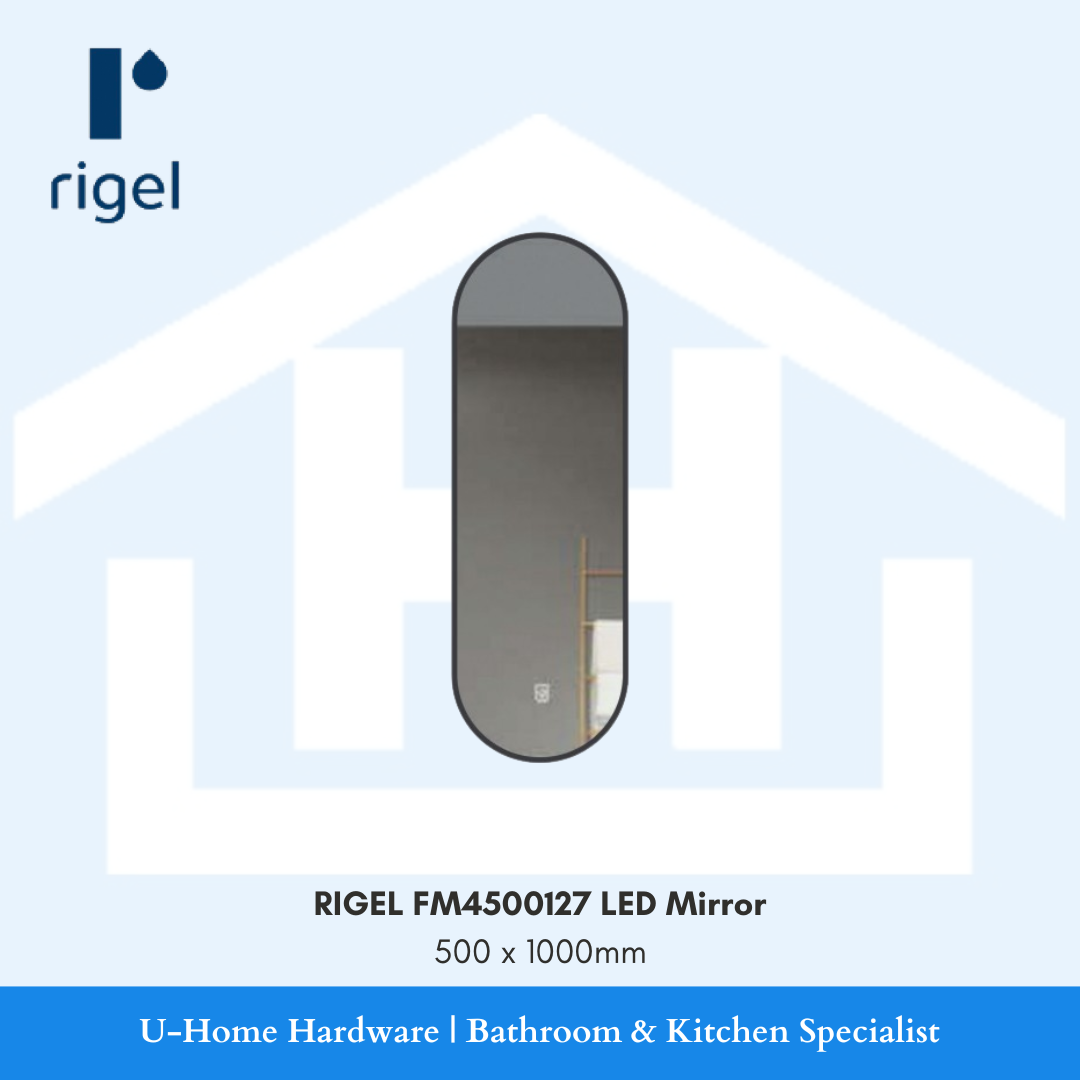 Front installation view of the vertical 500mm width by 1000mm height RIGEL FM4500127 illuminated glass mirror highlighting its slim, elongated profile.