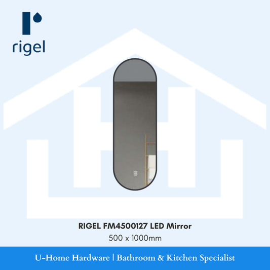 Front installation view of the vertical 500mm width by 1000mm height RIGEL FM4500127 illuminated glass mirror highlighting its slim, elongated profile.