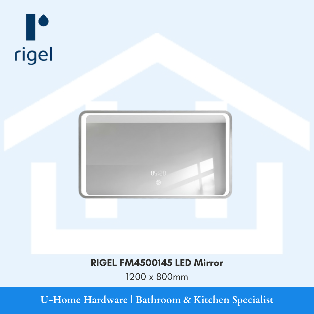 Front view of RIGEL FM4500145 illuminated vanity wall mirror, showcasing the frameless clean edge design and modern ambient light border.
