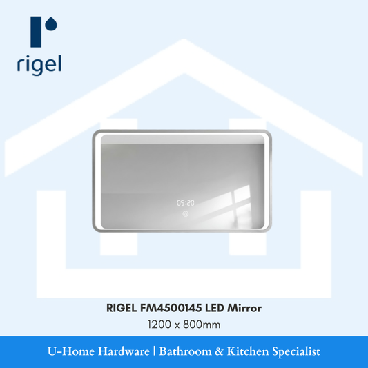 Front view of RIGEL FM4500145 illuminated vanity wall mirror, showcasing the frameless clean edge design and modern ambient light border.