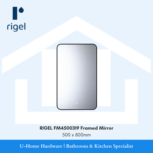 Front vertical view of the 500mm x 800mm RIGEL FM4500319 rectangular wall mirror highlighting its elegant protective outer frame profile.