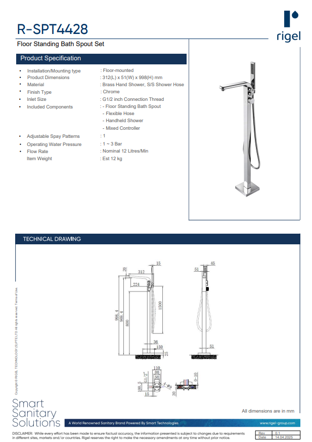 RIGEL Floor Standing Bath Spout Set SPT4428 product specifications and technical drawings.