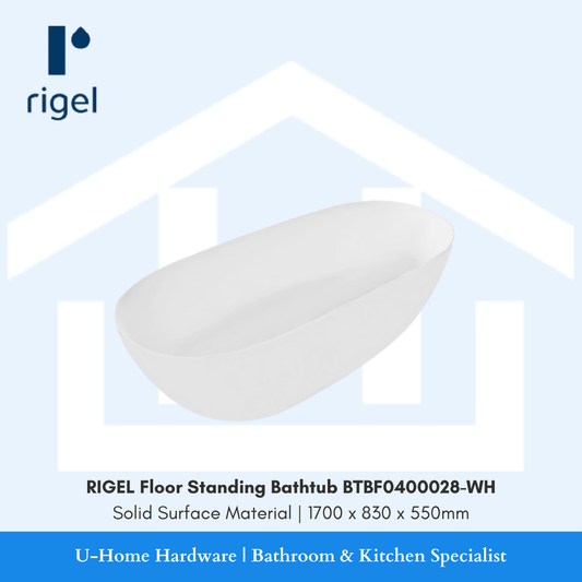 Side angle view of the RIGEL BTBF0400028-WH bathtub, highlighting its slim-edge design and the elegant curvature that complements minimalist bathrooms.