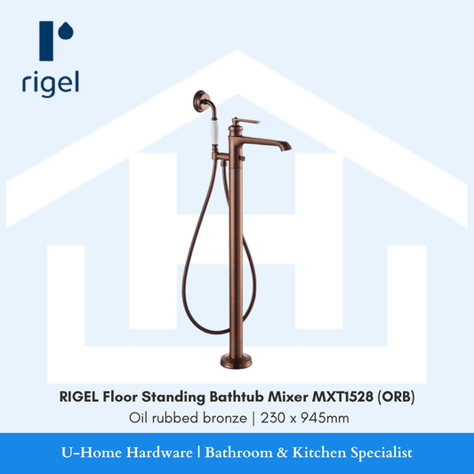 Front-facing shot of the RIGEL MXT1528-ORB floor mixer, showcasing the tall, slender bronze body and the architectural cross-handle diverter design.