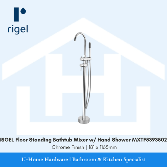 Front view of the RIGEL MXTF8393802 floor standing bathtub mixer, highlighting its tall gooseneck spout and sleek, high-shine chrome finish.