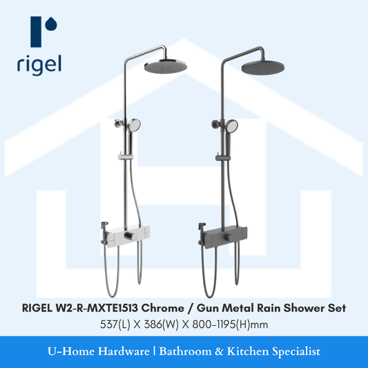 Rigel rain shower set with two shower heads 
RIGEL Maestro Rain Shower Set W2-R-MXTE1513 (Chrome / Gun Metal Colour)
