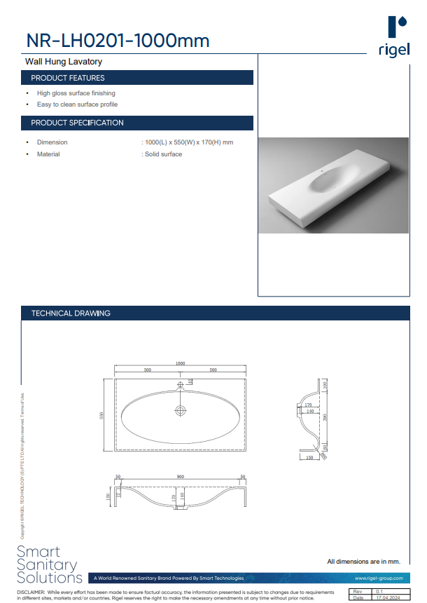 RIGEL NR-LH0201-1000mm Wall Hung Basin product specifications, product features and technical drawings.