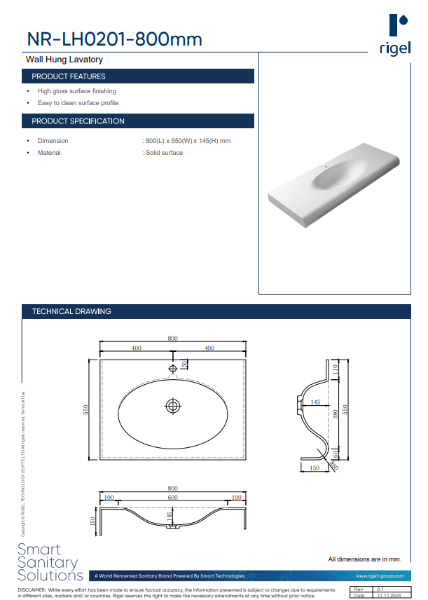 RIGEL NR-LH0201-800mm Wall Hung Basin product features, product specifications and technical drawings.
