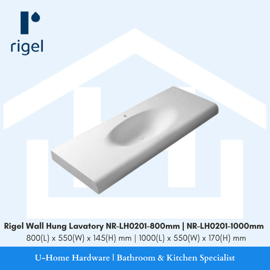 Side angle view of the RIGEL NR-LH0201800mm wall-mounted basin, highlighting the sleek 145mm height and the professional-grade vitreous china construction.