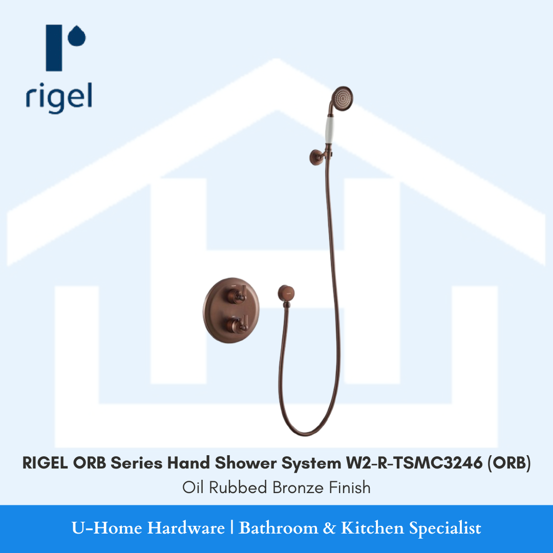 Side angle view of the RIGEL W2-R-TSMC3246 hand shower mounted on its adjustable bracket, showcasing the slim profile and the rich textured bronze finish.