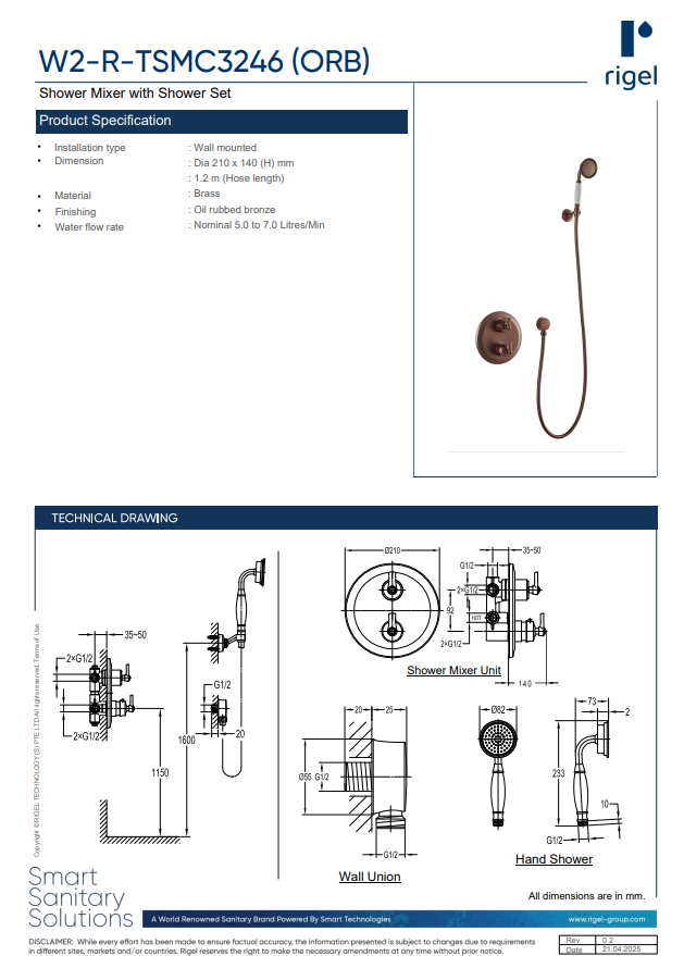 RIGEL ORB Series Hand Shower System W2-R-TSMC3246 (ORB)
Oil Rubbed Bronze Finish product specification, technical drawings and measurements.