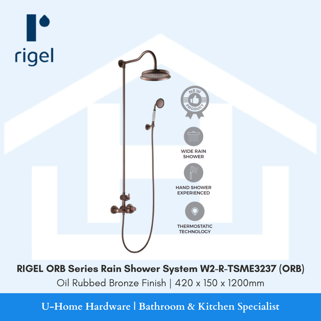 Front view of the RIGEL W2-R-TSME3237 Rain Shower System in Oil Rubbed Bronze finish, highlighting the elegant vintage-inspired overhead shower and mixer