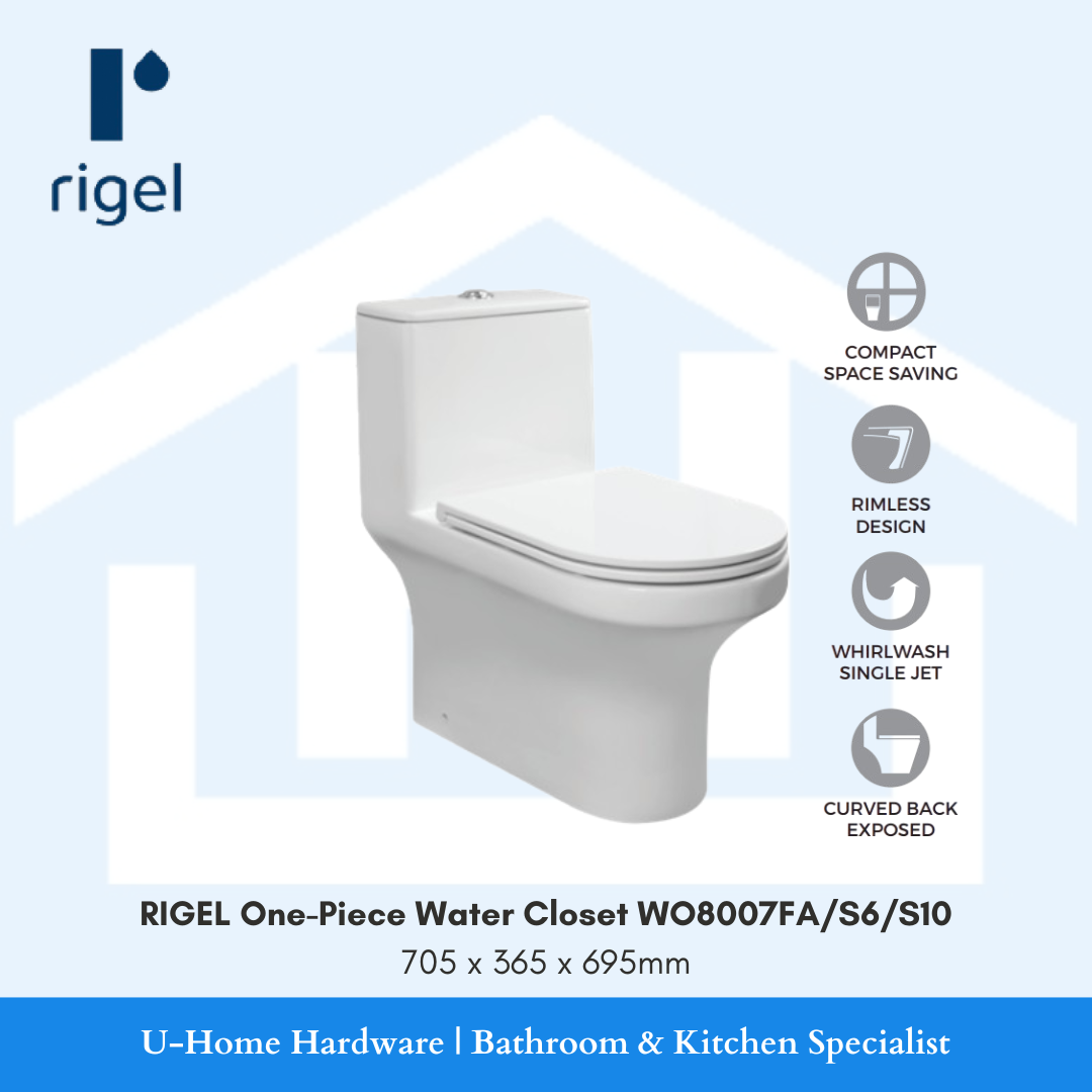 Side-angle view of the RIGEL WO8007FA one-piece toilet, highlighting the clean minimalist lines and the versatile S-Trap plumbing configuration