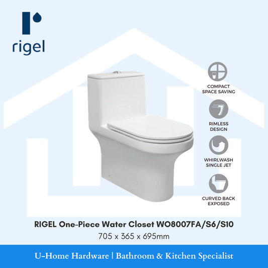 Side-angle view of the RIGEL WO8007FA one-piece toilet, highlighting the clean minimalist lines and the versatile S-Trap plumbing configuration