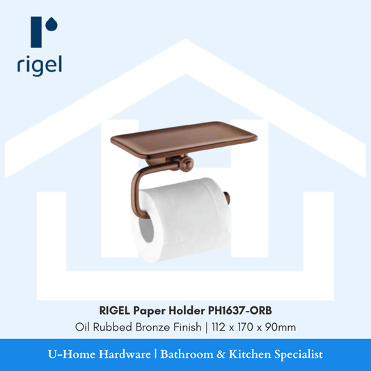 Side angle view of the RIGEL PH1637-ORB bronze paper holder, highlighting the upward-curved end cap and the heavy-duty wall-mounting plate.