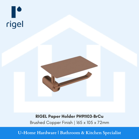 Side angle view of the RIGEL PH91103-BrCu copper paper holder, showcasing the upward-curved end cap that keeps the toilet roll securely in place.