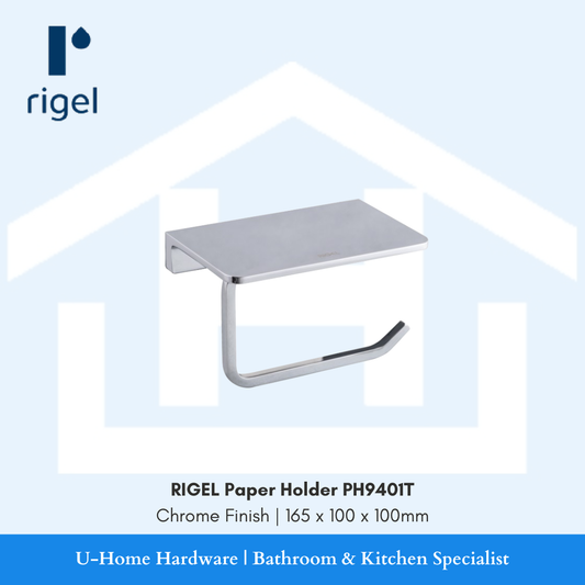 Side angle view of the RIGEL PH9401T mirror-finish paper holder, demonstrating the easy-roll design and the sleek architectural silhouette.