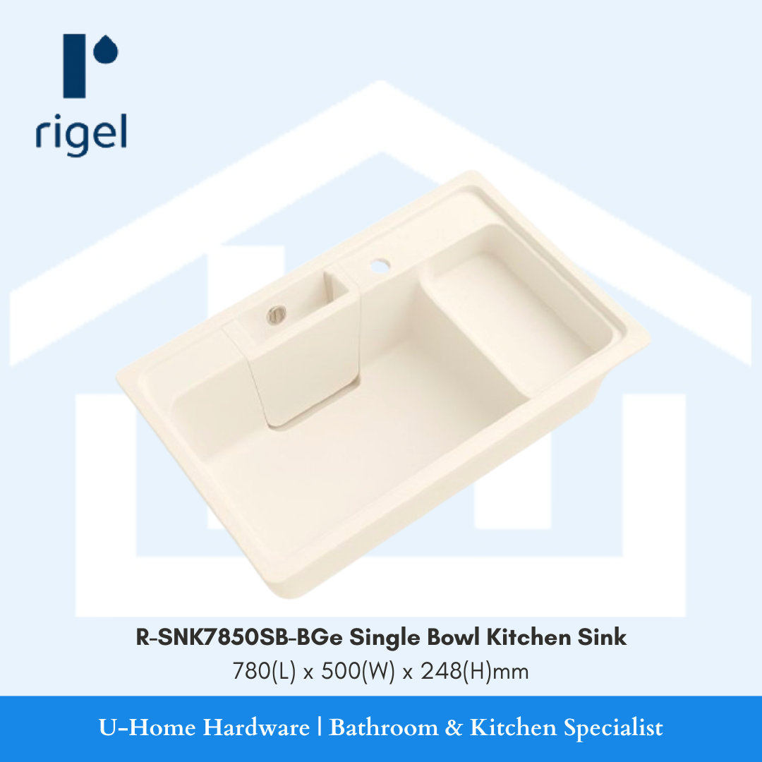 Beige single bowl kitchen sink with Rigel branding on a light blue background